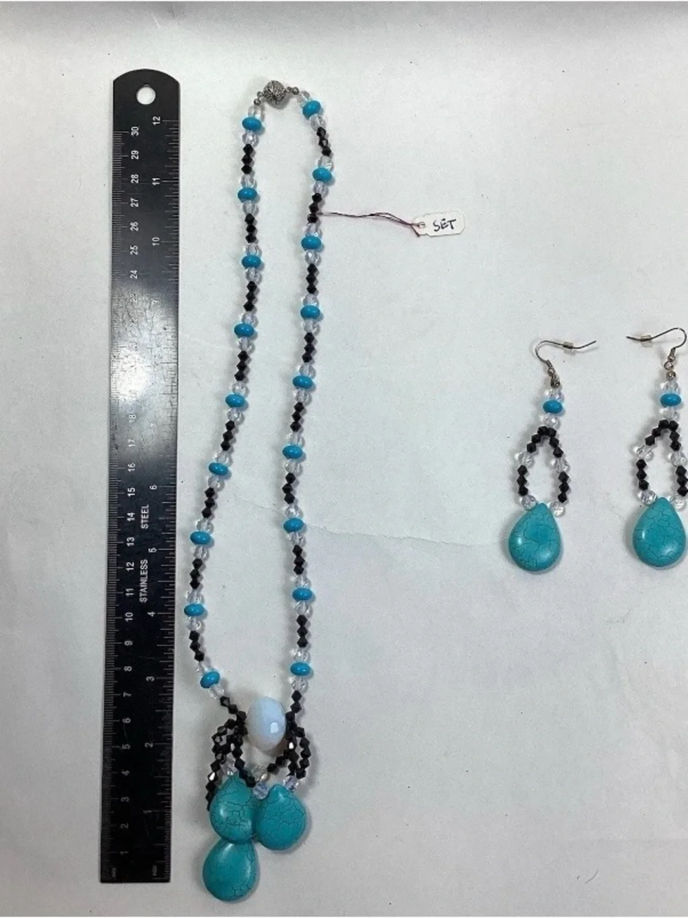 Turquoise Teardrop Bead Necklace and Earring Set - Blue Accent Jewelry